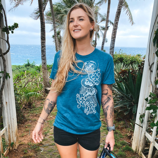 jellyfish design on eco friendly teal tee
