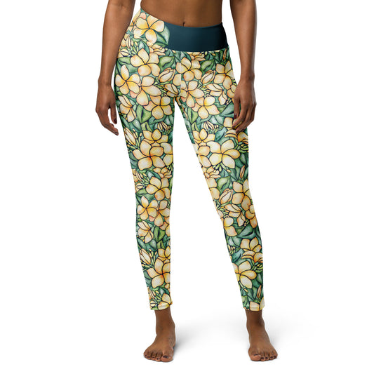 leggings with hand painted watercolor plumeria design