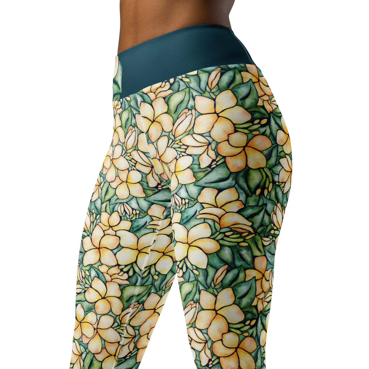 leggings with hand painted watercolor plumeria design