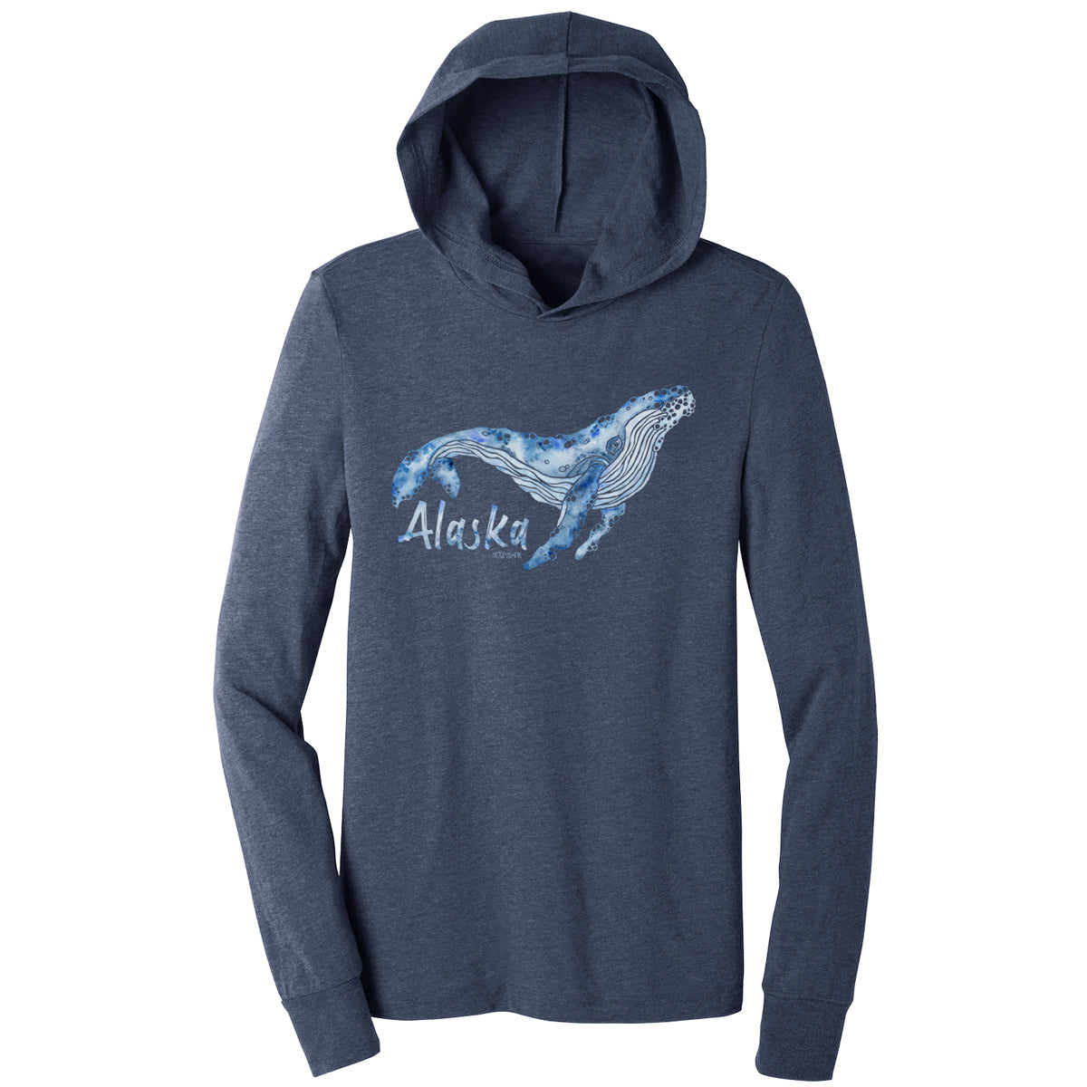 alaskan humpback whale design on a navy unisex lightweight hooded long sleeve