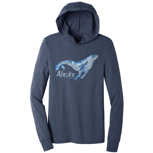 alaskan humpback whale design on a navy unisex lightweight hooded long sleeve