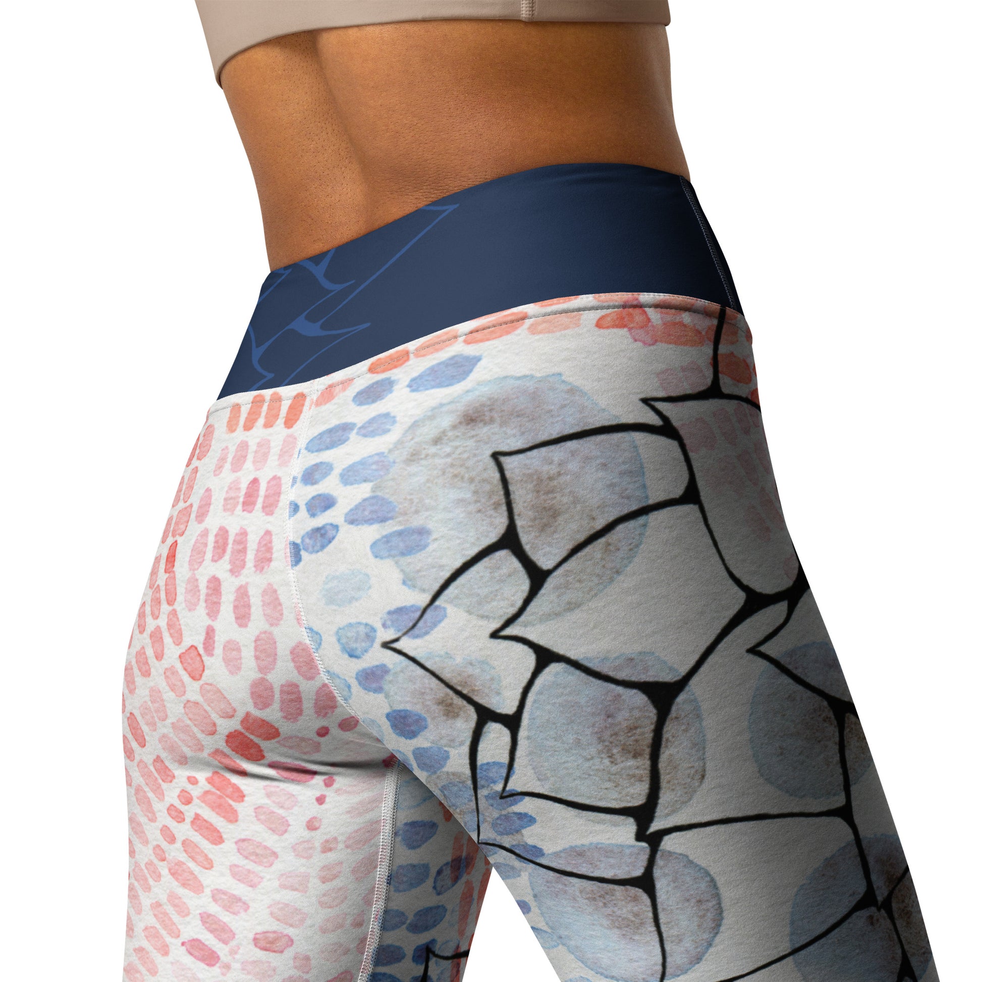 ladies leggings with watercolor design in pinks and blues