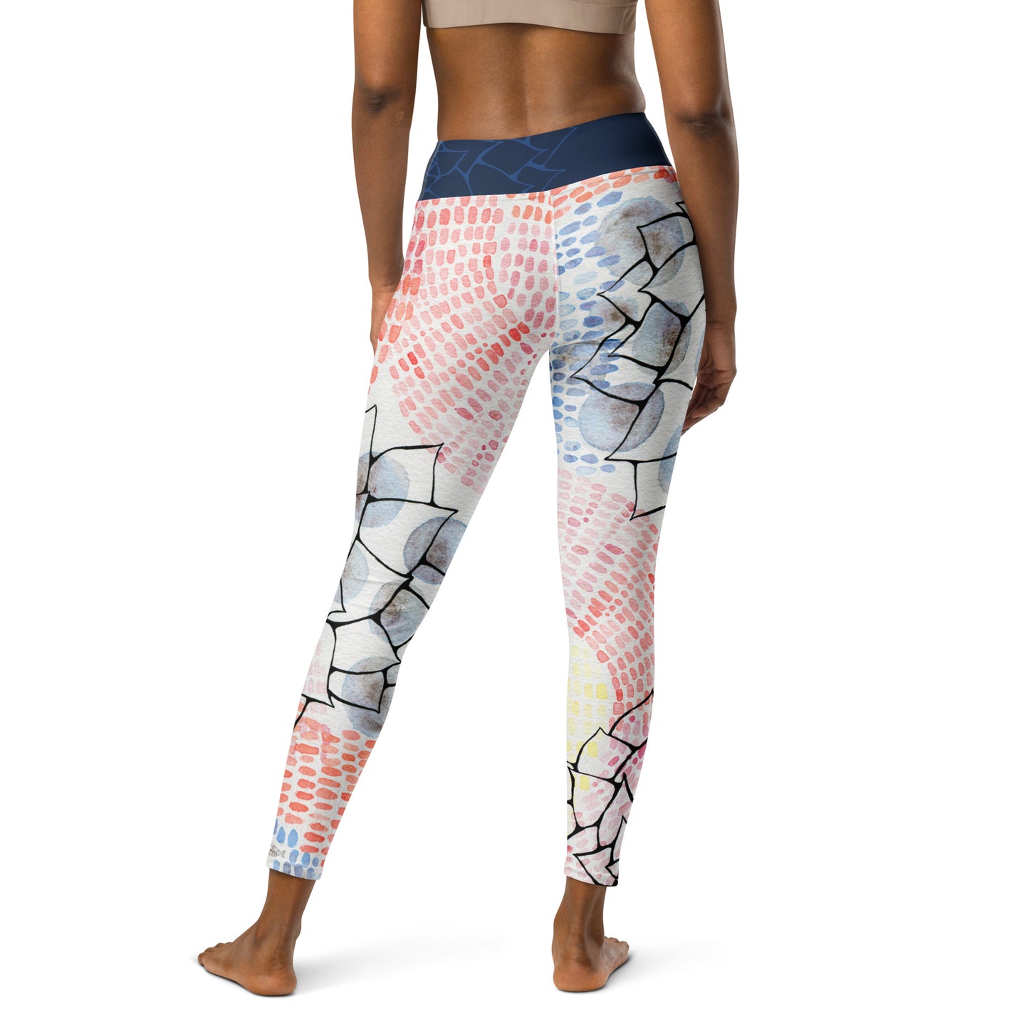ladies leggings with watercolor design in pinks and blues