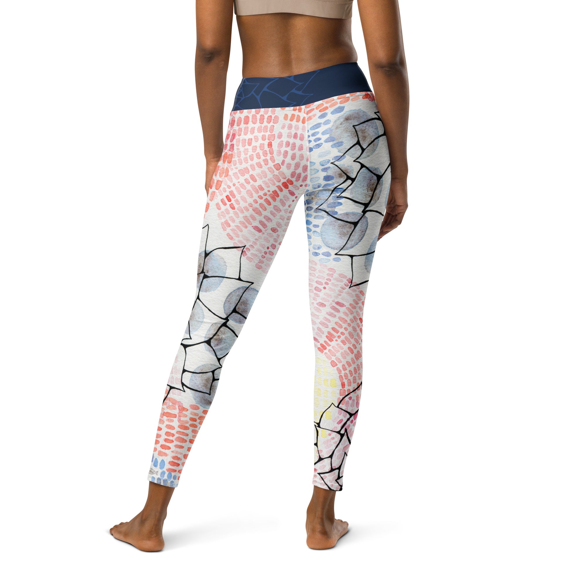 ladies leggings with watercolor design in pinks and blues
