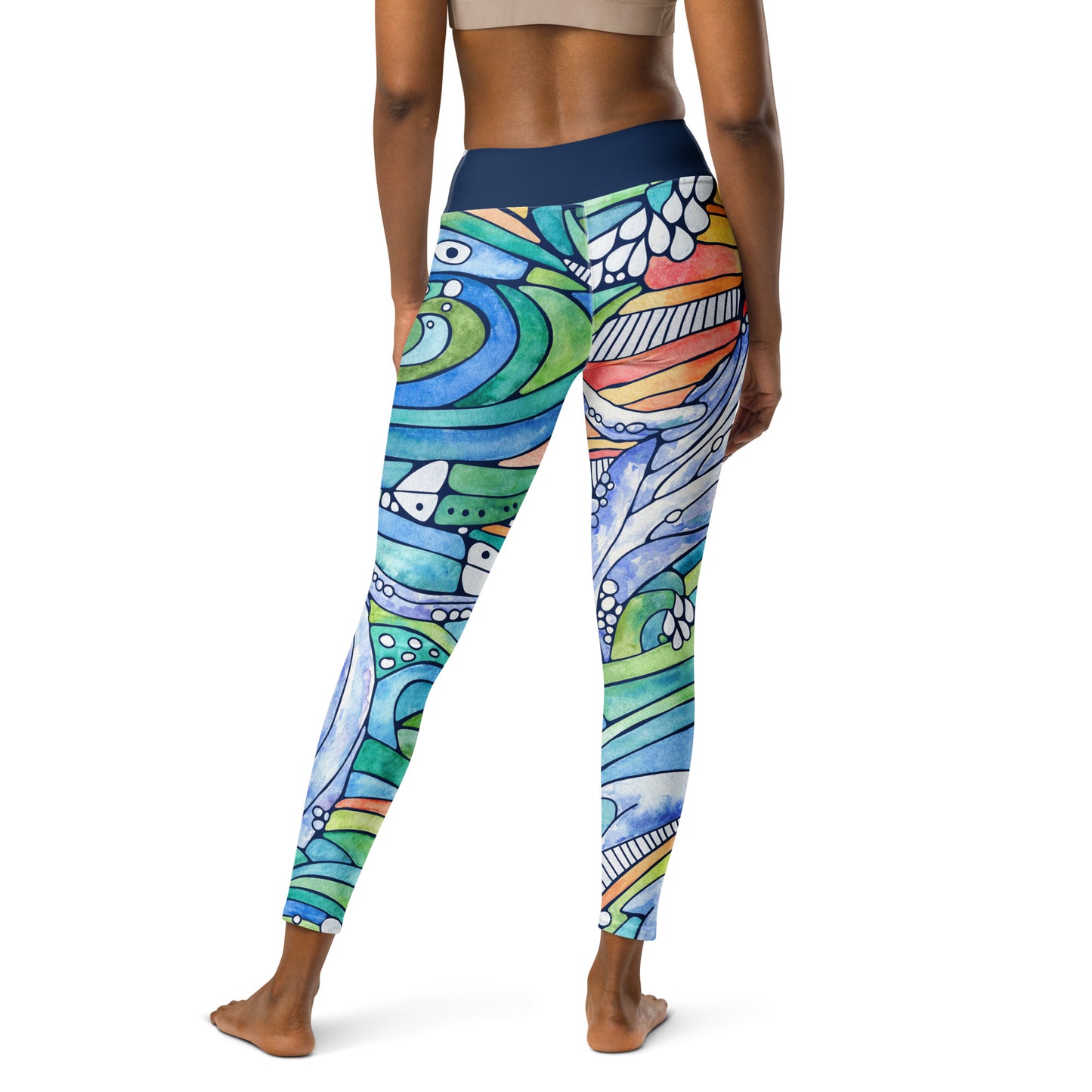 humpback whale and wave inspired hand painted watercolor design on ladies leggings