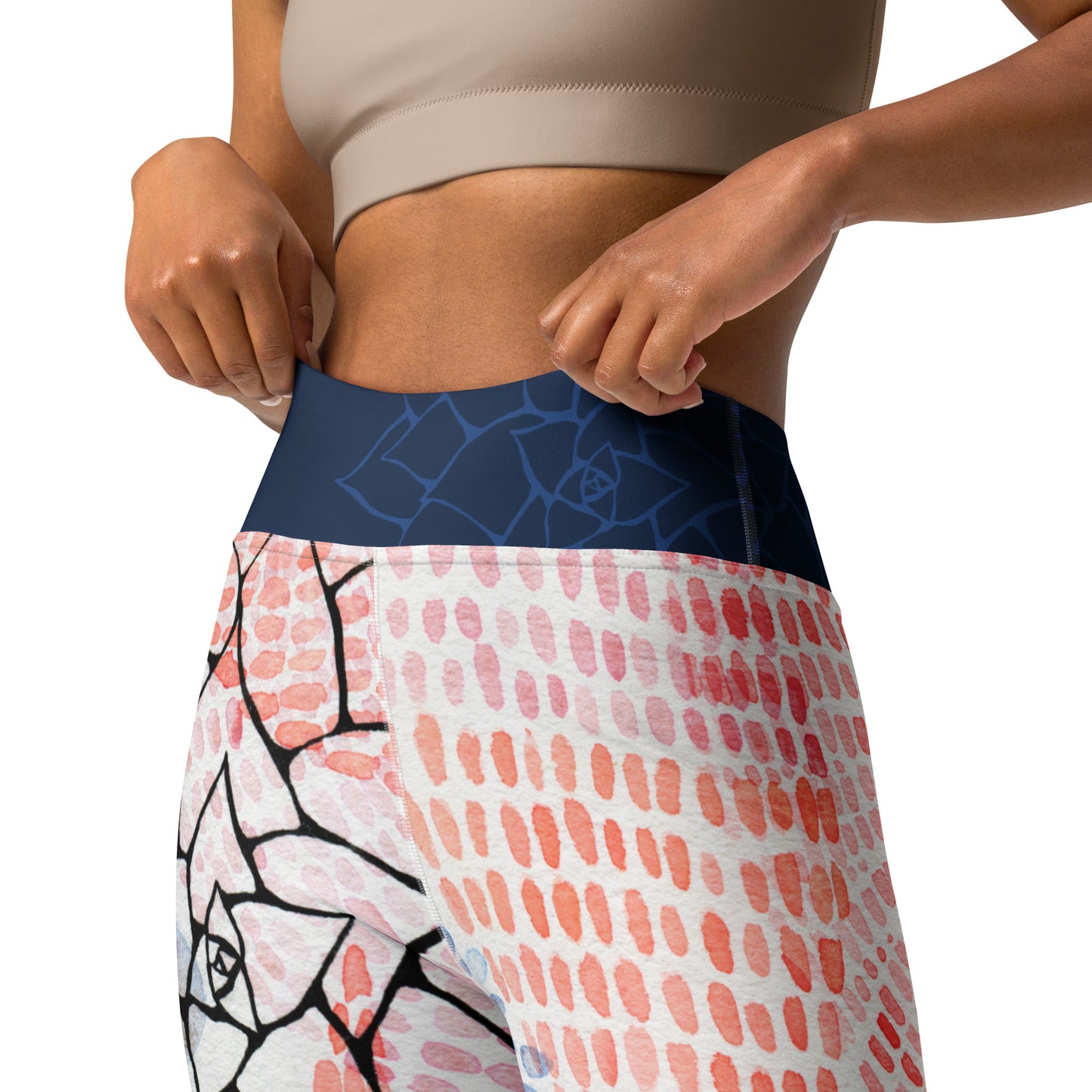 ladies leggings with watercolor design in pinks and blues