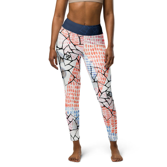 ladies leggings with watercolor design in pinks and blues