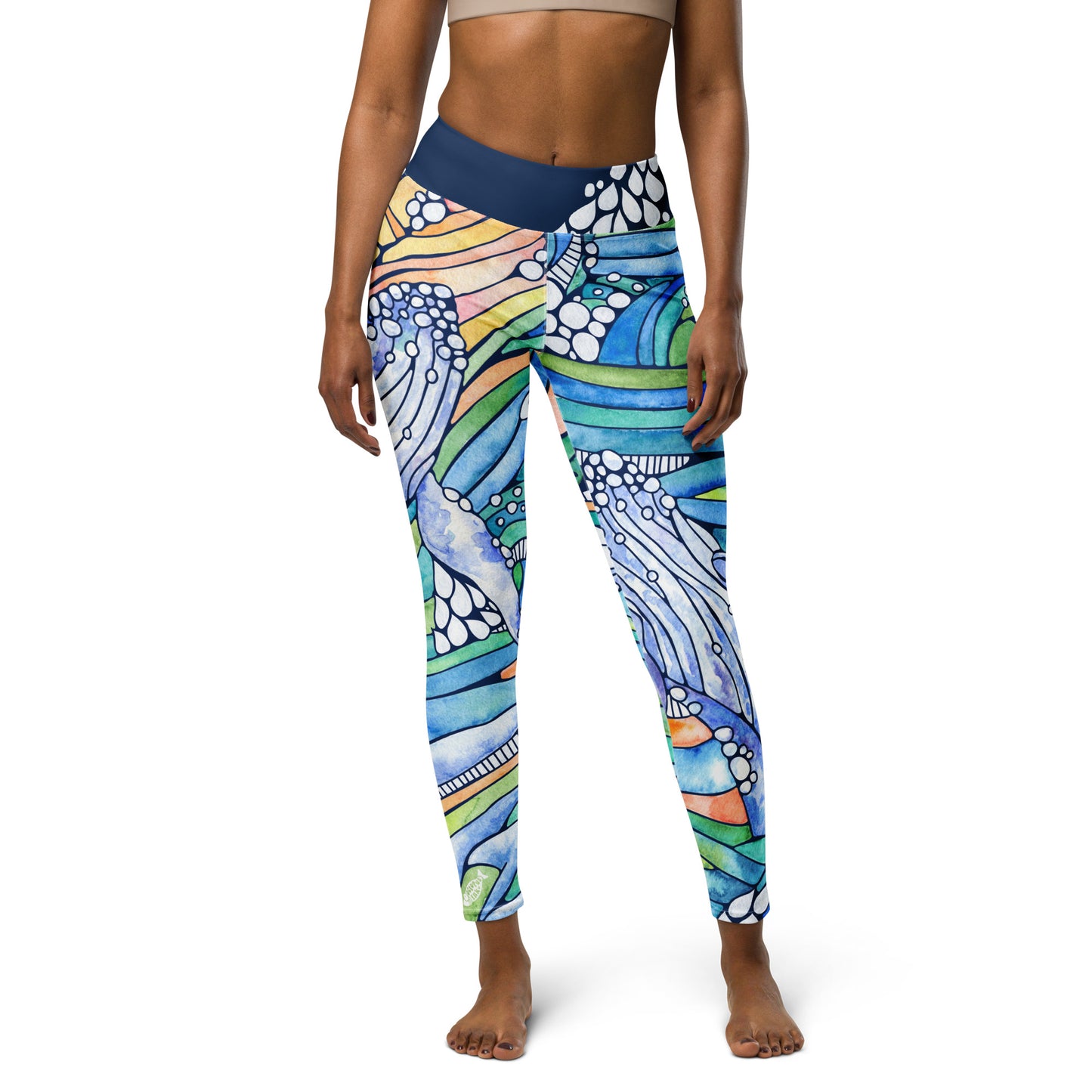 humpback whale and wave inspired hand painted watercolor design on ladies leggings