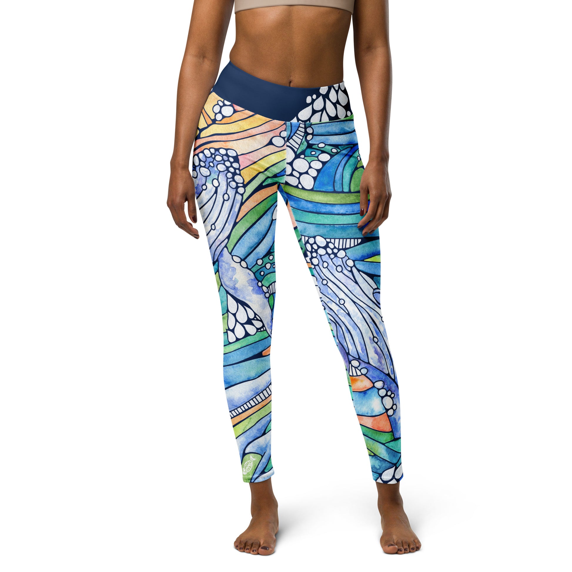 humpback whale and wave inspired hand painted watercolor design on ladies leggings