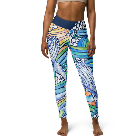 humpback whale and wave inspired hand painted watercolor design on ladies leggings