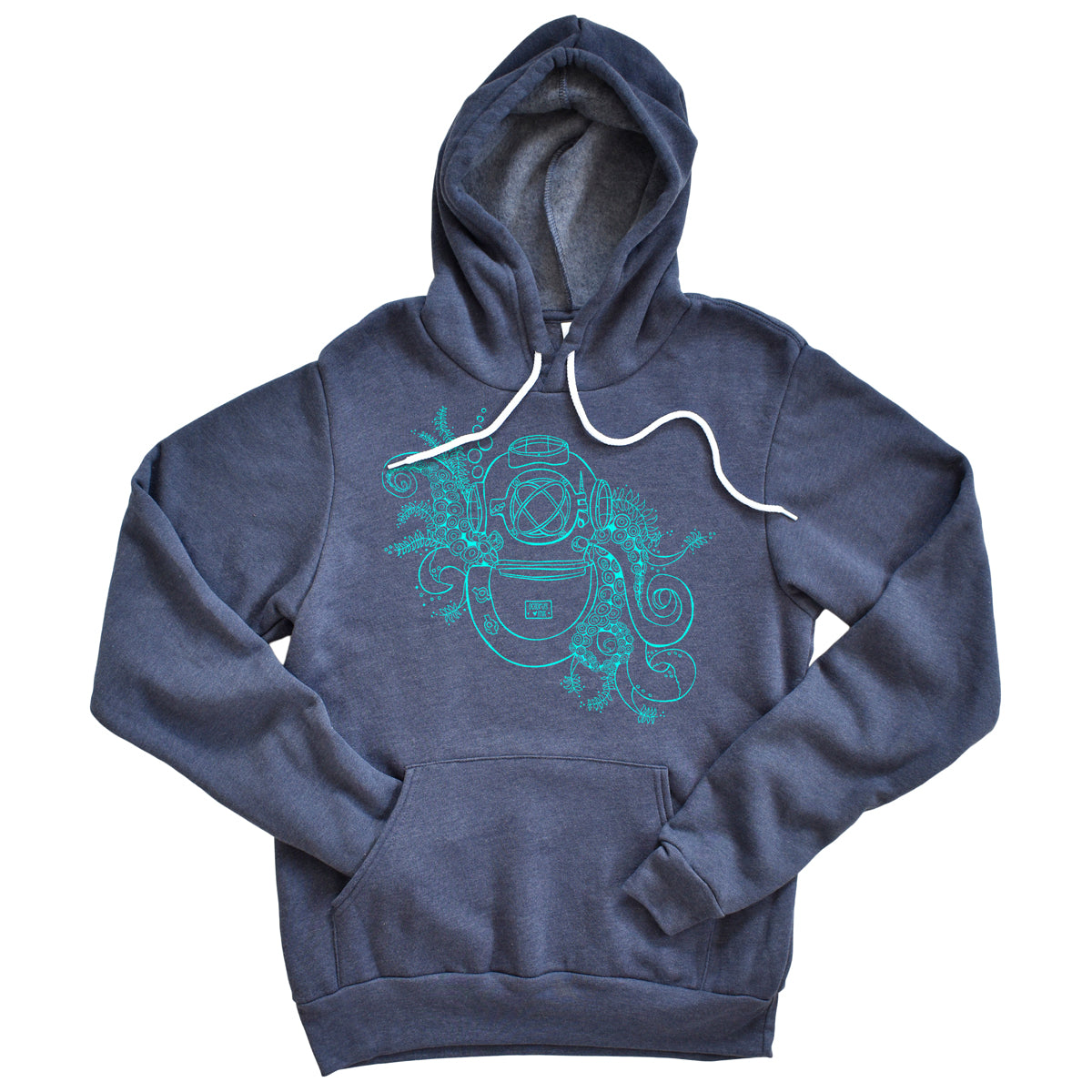 hand drawn aquanaut design on a navy pullover hoodie