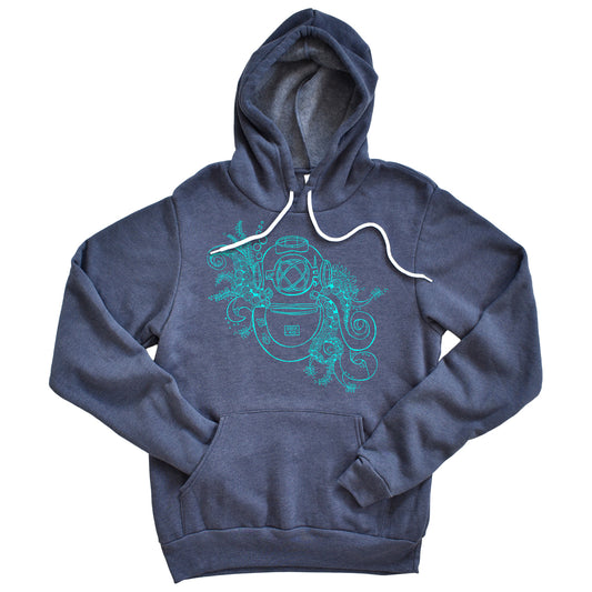 hand drawn aquanaut design on a navy pullover hoodie