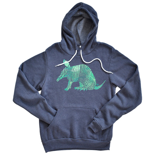 hand painted watercolor armadillo design on a navy pullover hoodie