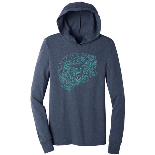 whale design on a navy unisex lightweight hooded long sleeve
