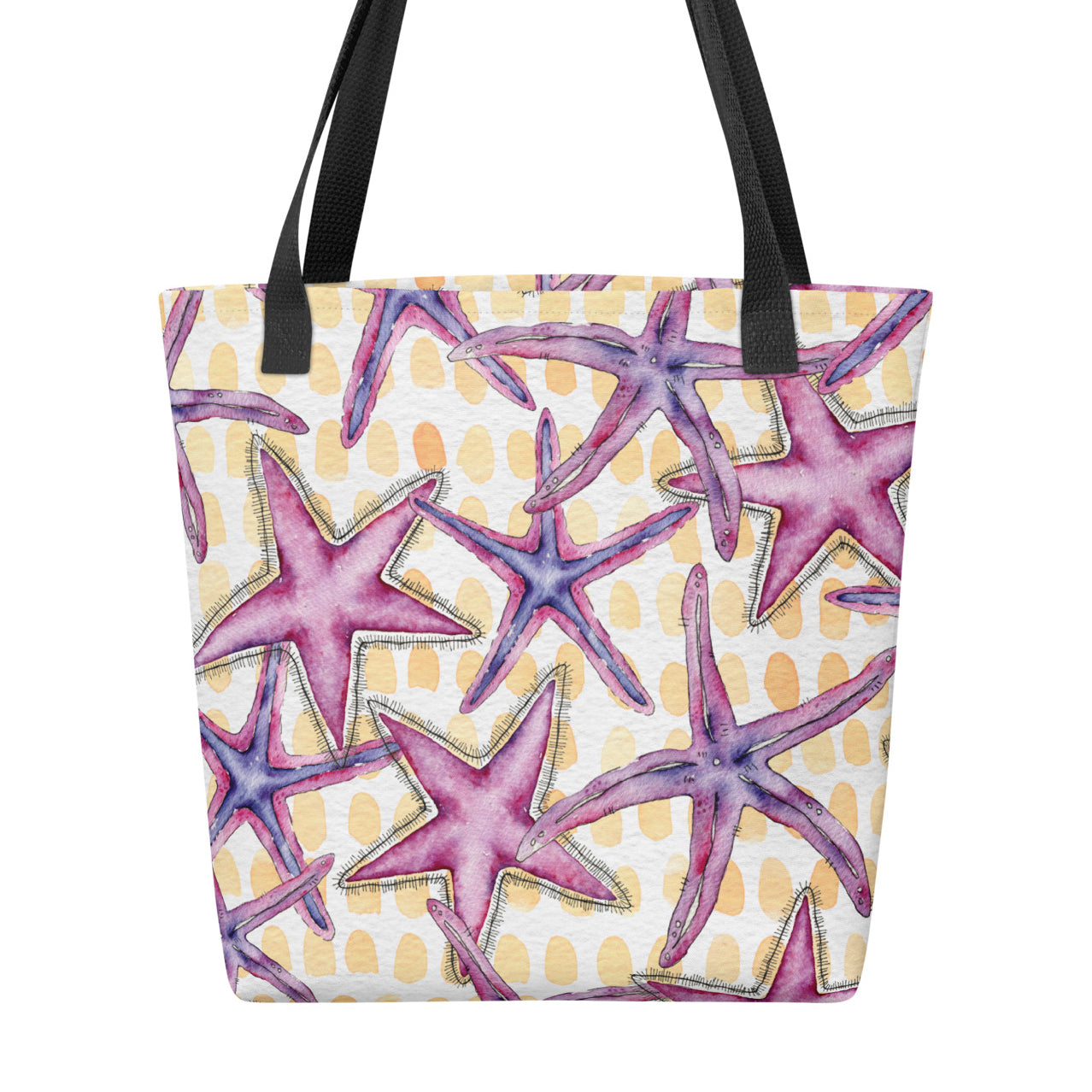 Tote bag with purple starfish pattern on a white background