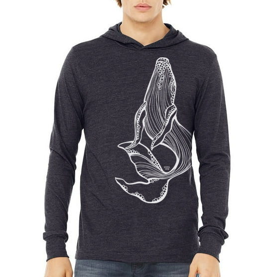 humpback whale design on a charcoal unisex lightweight hooded long sleeve
