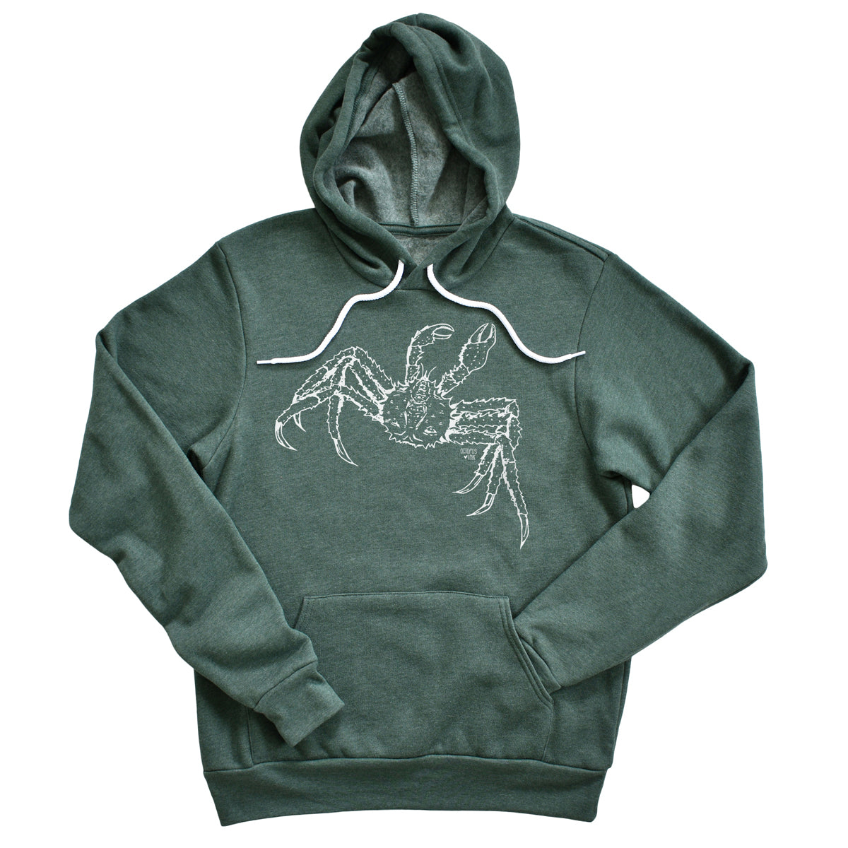 hand drawn alaskan king crab design on a green pullover hoodie