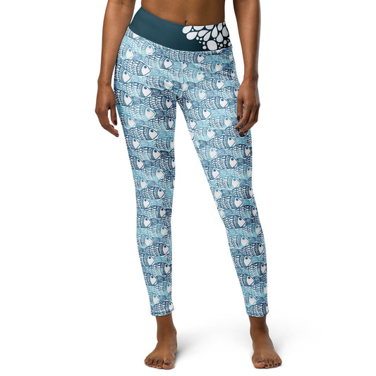 Leggings with a blue and white hand block printed fish pattern