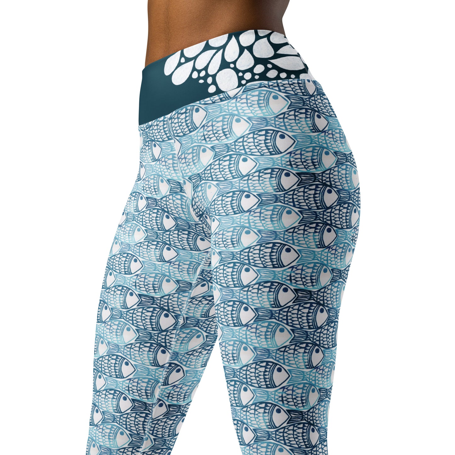 Leggings with a blue and white hand block printed fish pattern