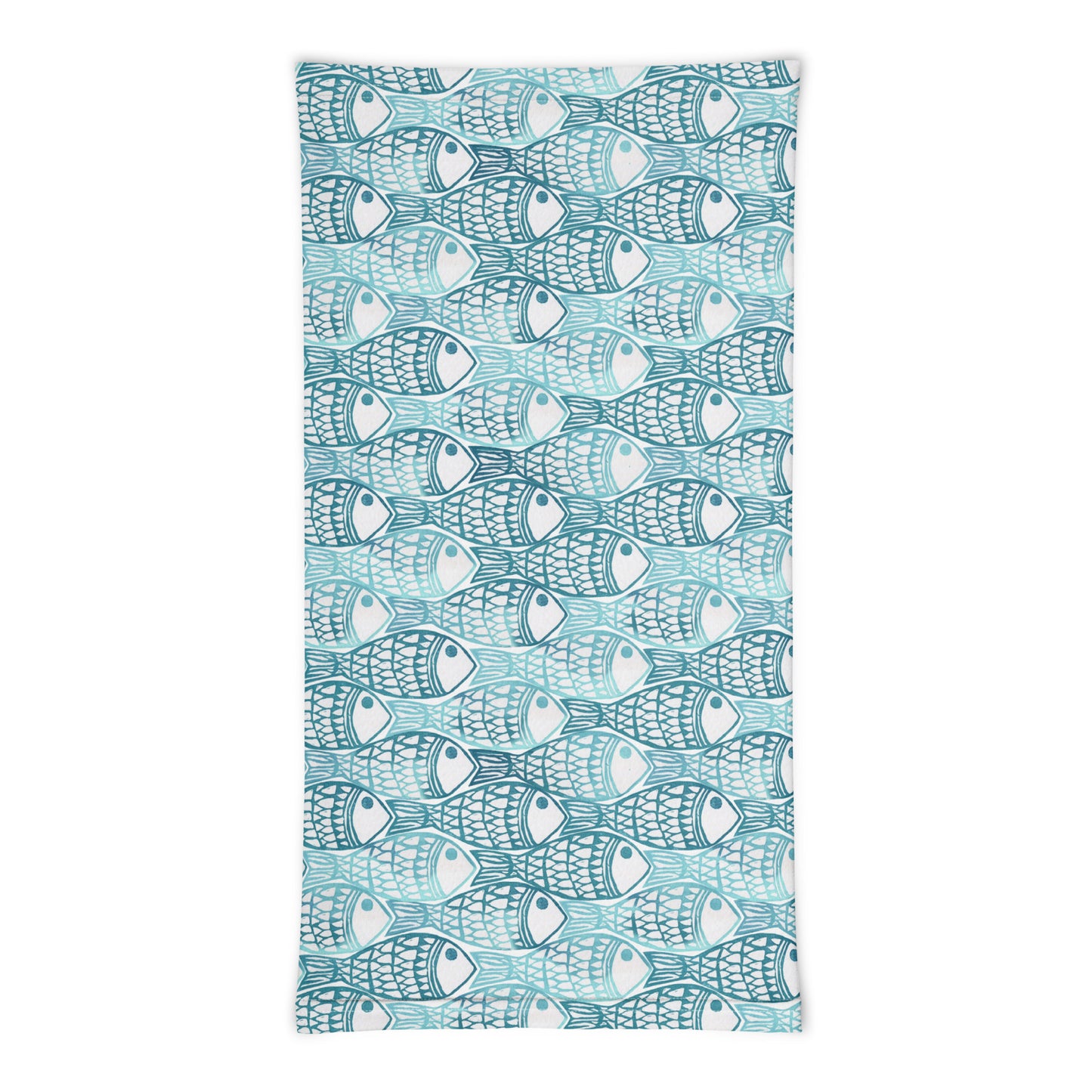 neck gaiter featuring a hand block printed fish design