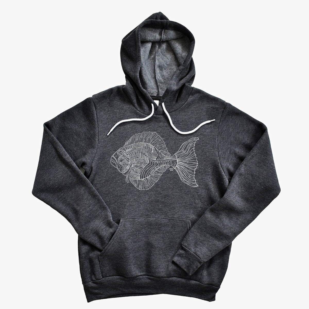 hand drawn alaskan halibut design on a black pullover hoodie