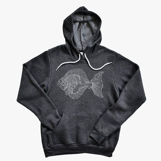 hand drawn alaskan halibut design on a black pullover hoodie