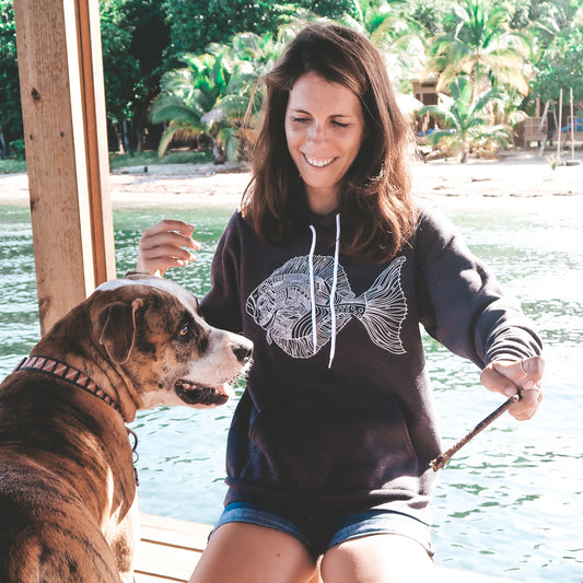 hand drawn alaskan halibut design on a black pullover hoodie