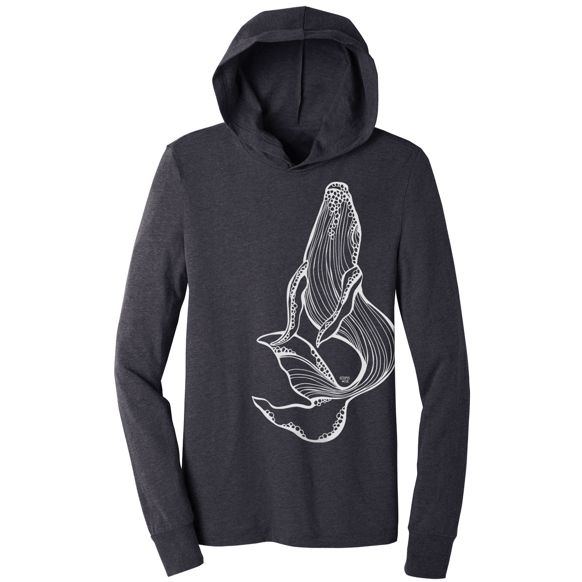 humpback whale design on a charcoal unisex lightweight hooded long sleeve