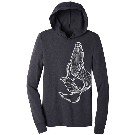 humpback whale design on a charcoal unisex lightweight hooded long sleeve