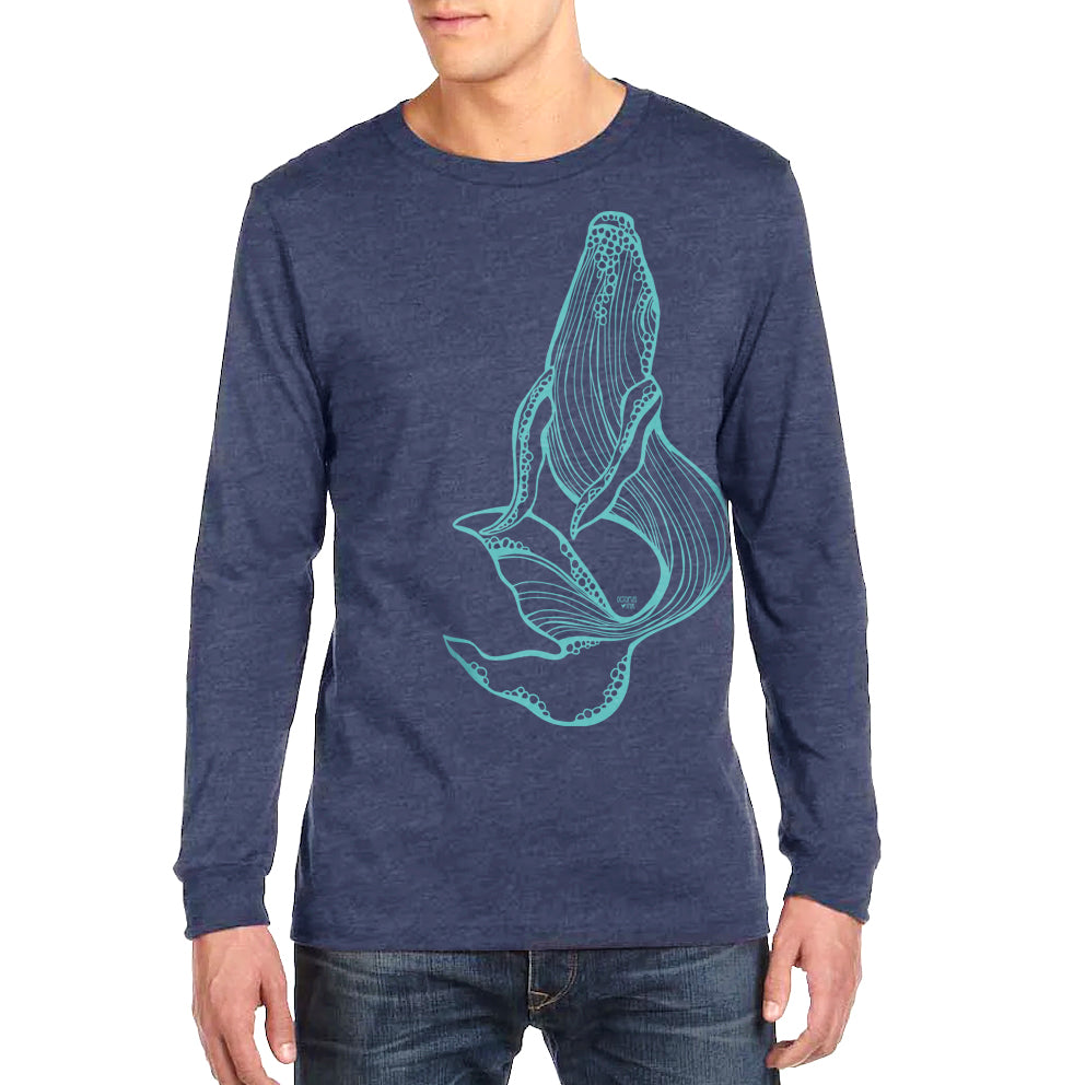 humpback whale design on heather navy unisex long sleeve