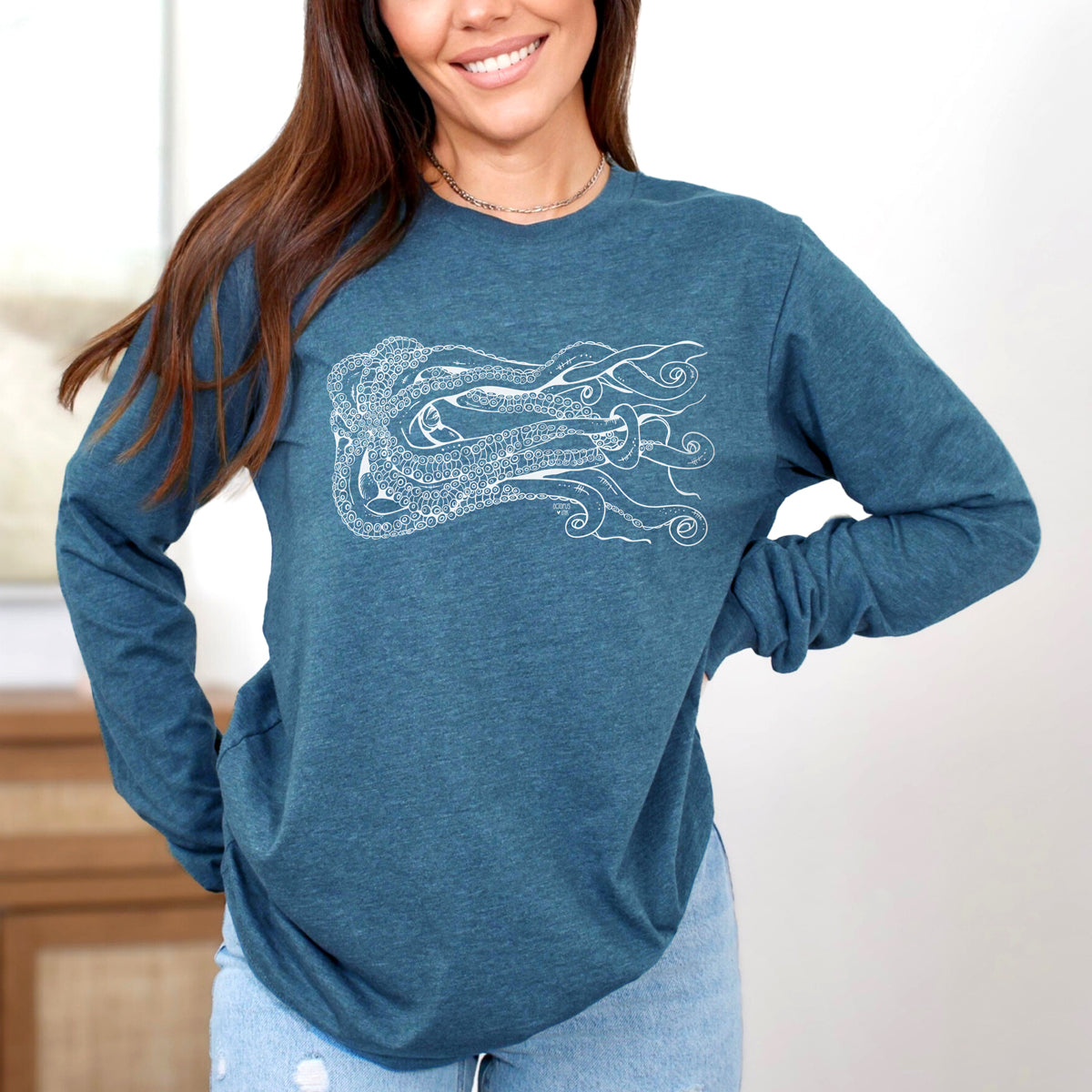octopus design on heather teal unisex long sleeve
