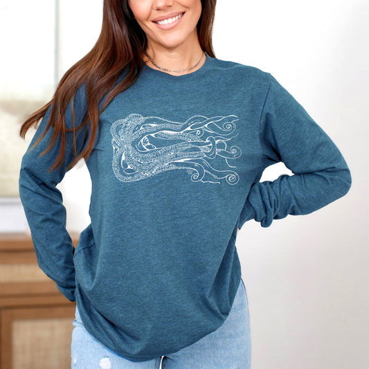 octopus design on heather teal unisex long sleeve