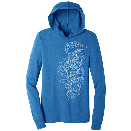 jellyfish design on a royal blue unisex lightweight hooded long sleeve