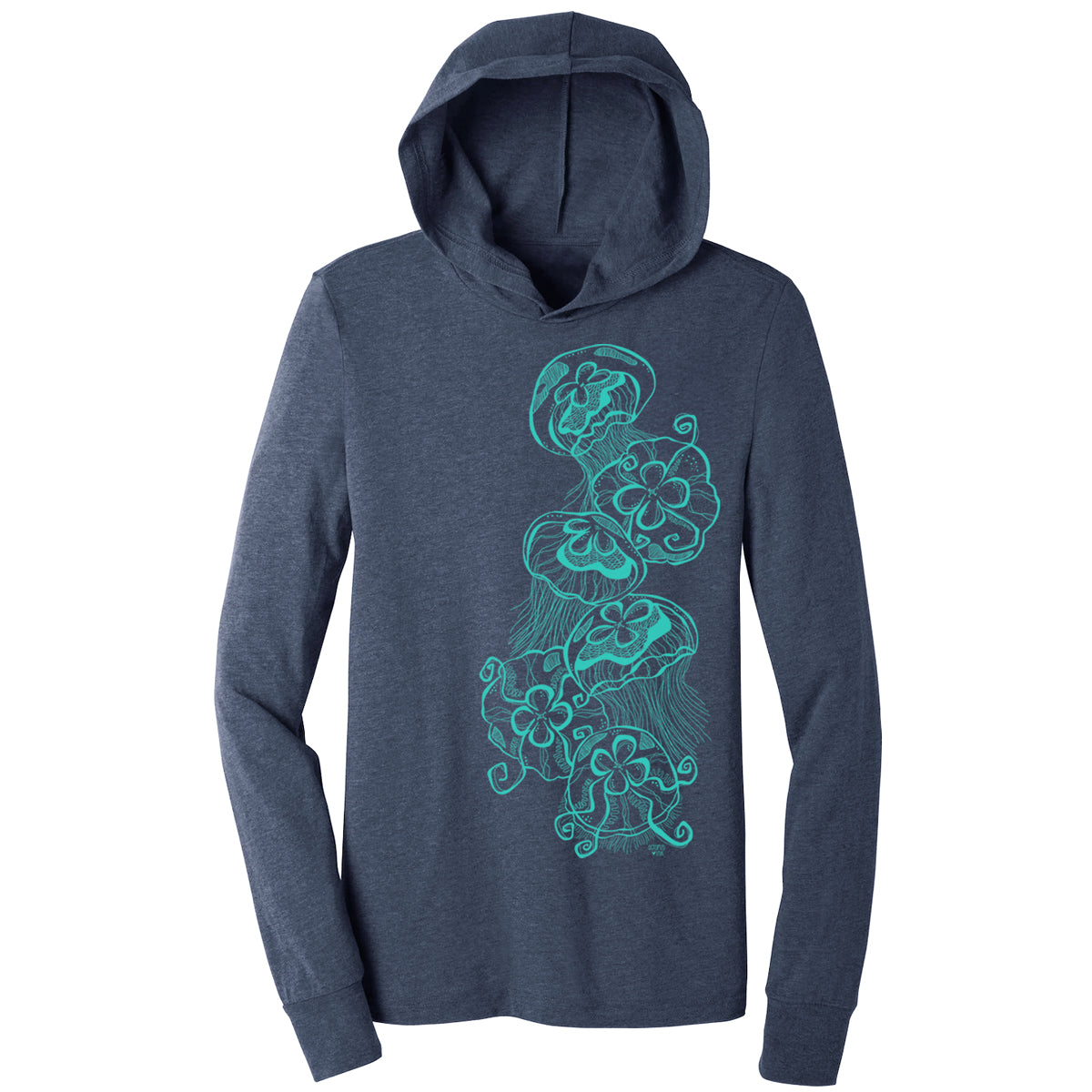 jellyfish design on a navy unisex lightweight hooded long sleeve