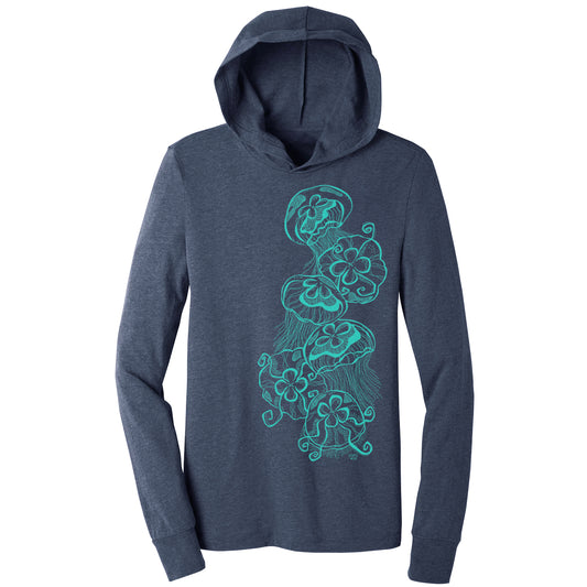 jellyfish design on a navy unisex lightweight hooded long sleeve