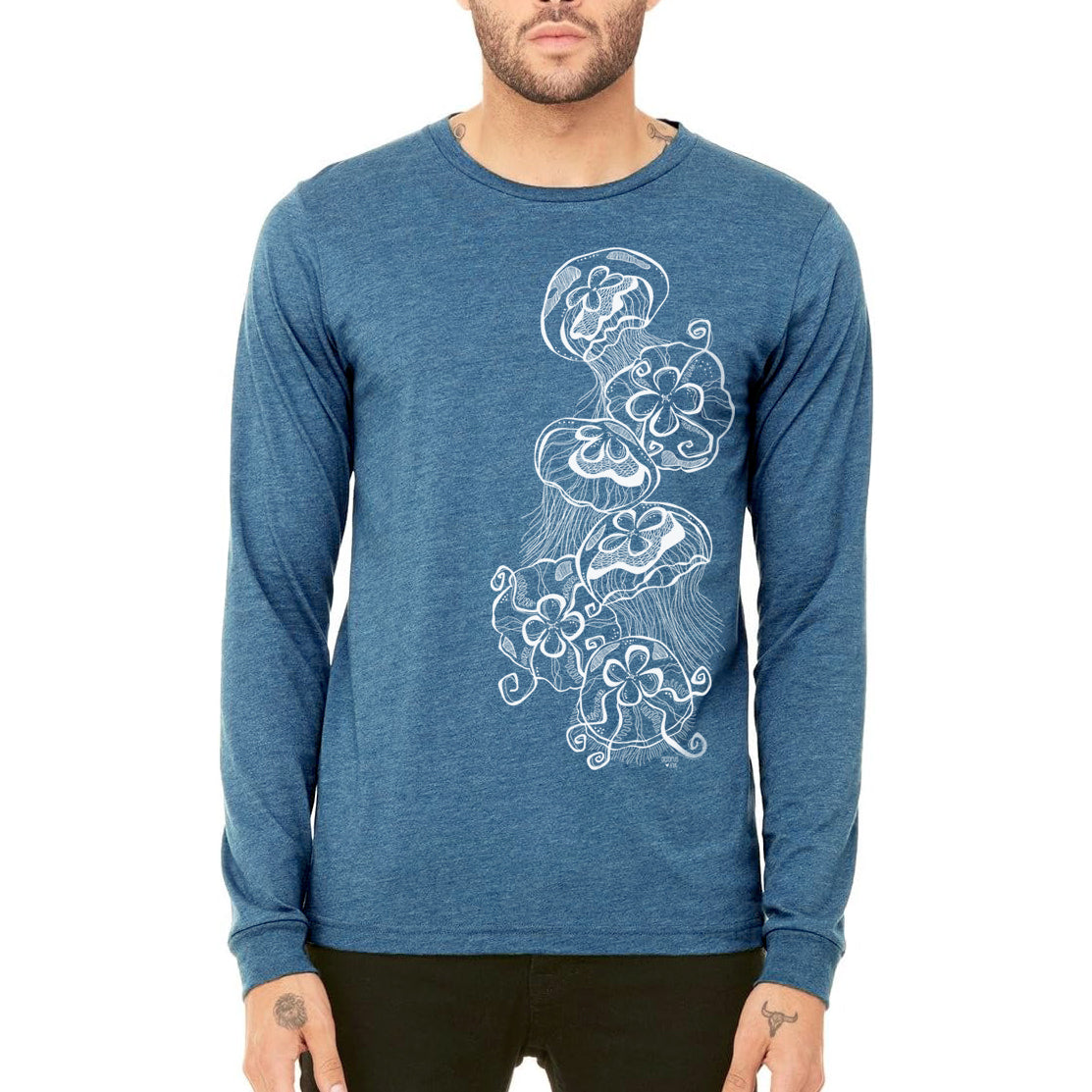 jellyfish design on heather teal unisex long sleeve