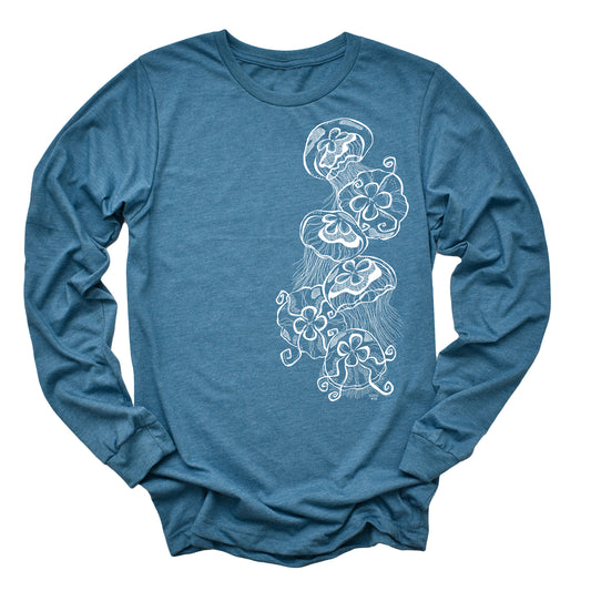 jellyfish design on heather teal unisex long sleeve