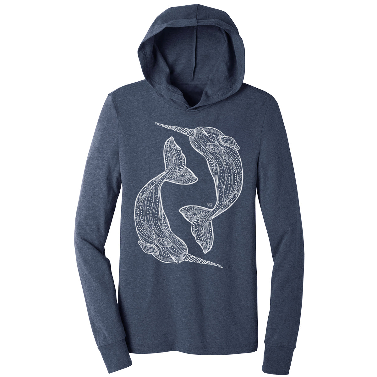narwhal design on a navy unisex lightweight hooded long sleeve
