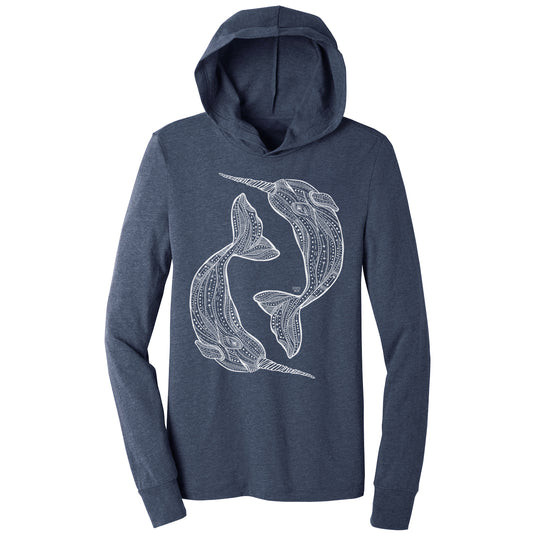 narwhal design on a navy unisex lightweight hooded long sleeve