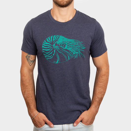 nautilus design on navy tee