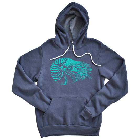 hand drawn nautilus design on a navy hoodie