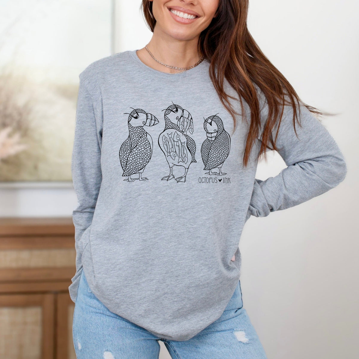 puffin design on heather grey unisex long sleeve