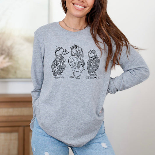 puffin design on heather grey unisex long sleeve