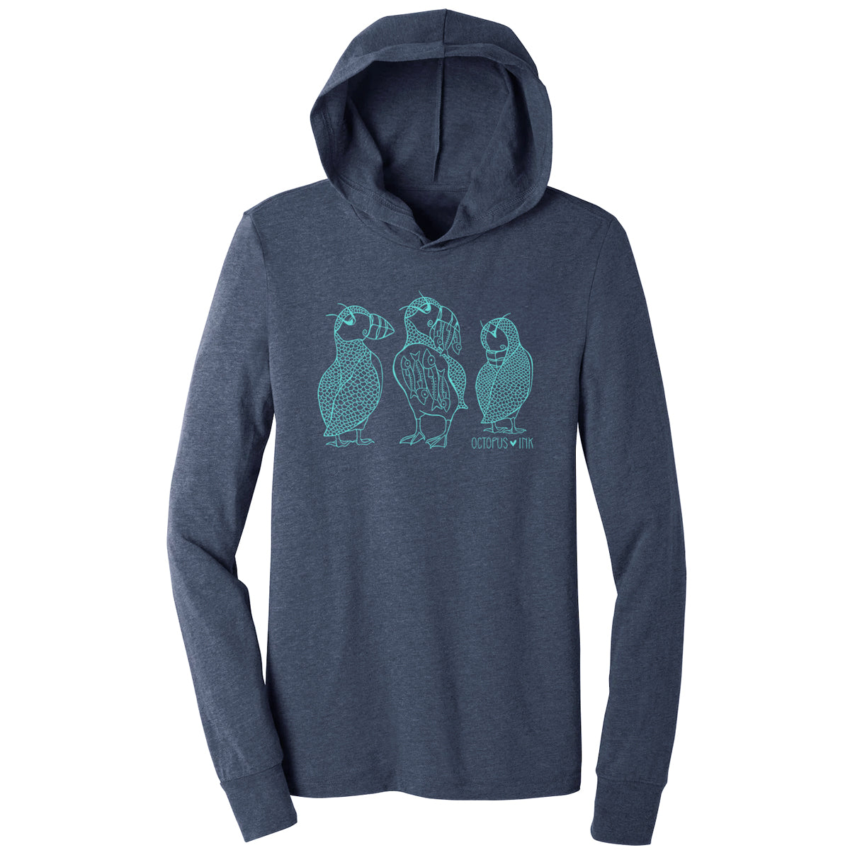 puffin design on a navy unisex lightweight hooded long sleeve