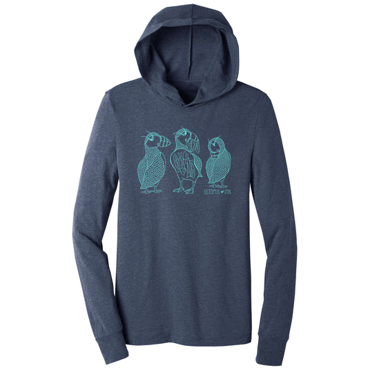puffin design on a navy unisex lightweight hooded long sleeve
