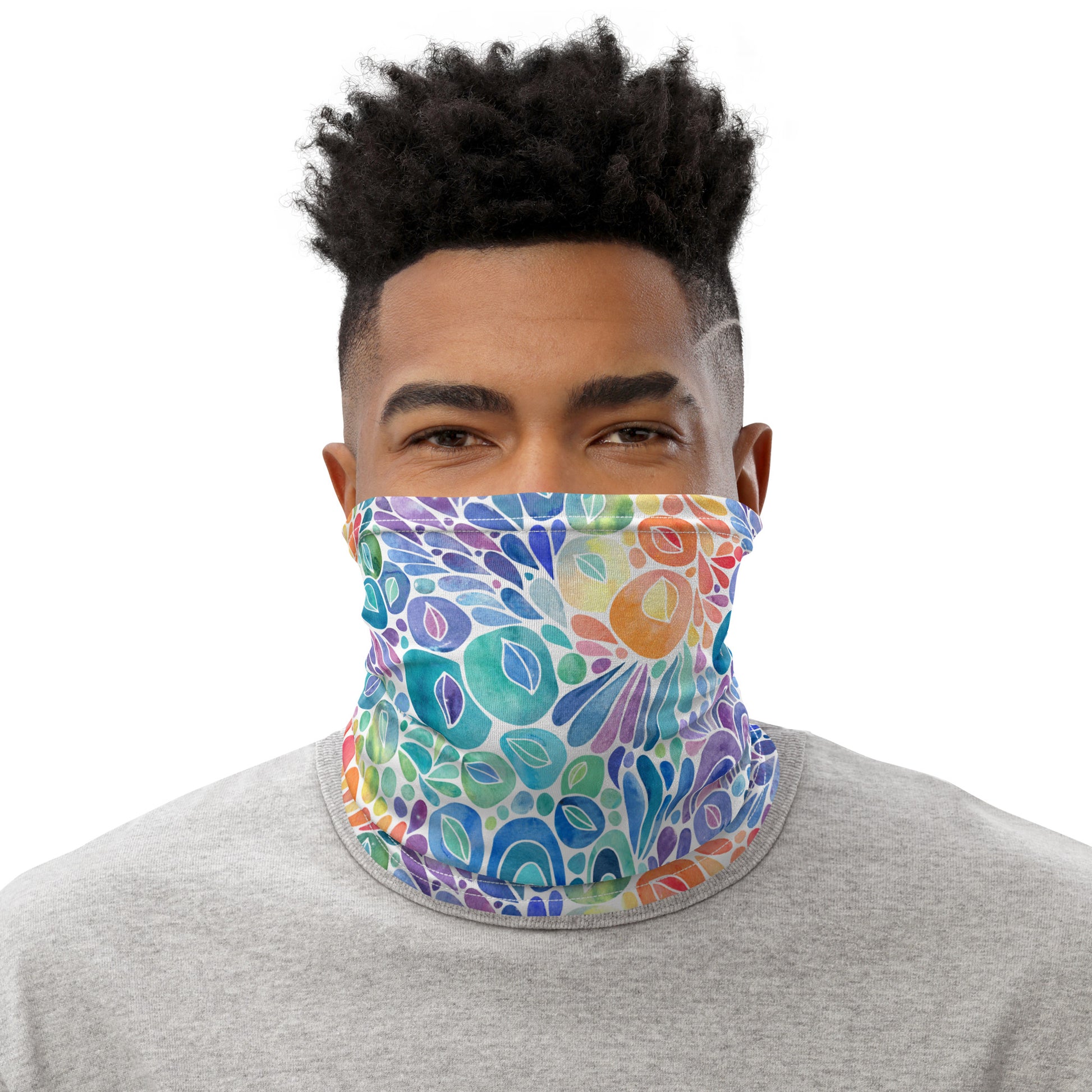 neck gaiter featuring a hand painted watercolor design