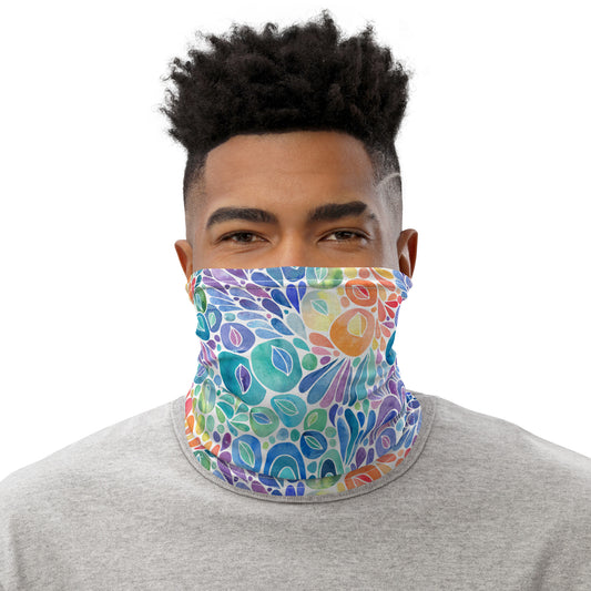neck gaiter featuring a hand painted watercolor design