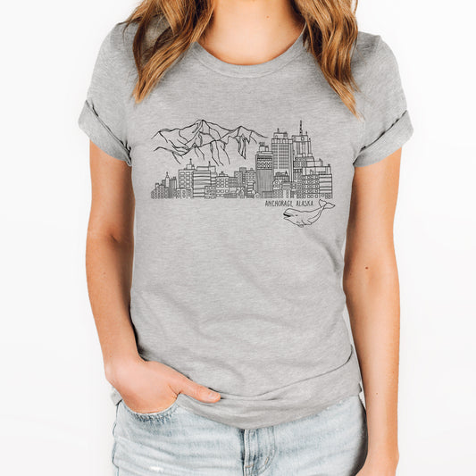anchorage skyline on grey tee