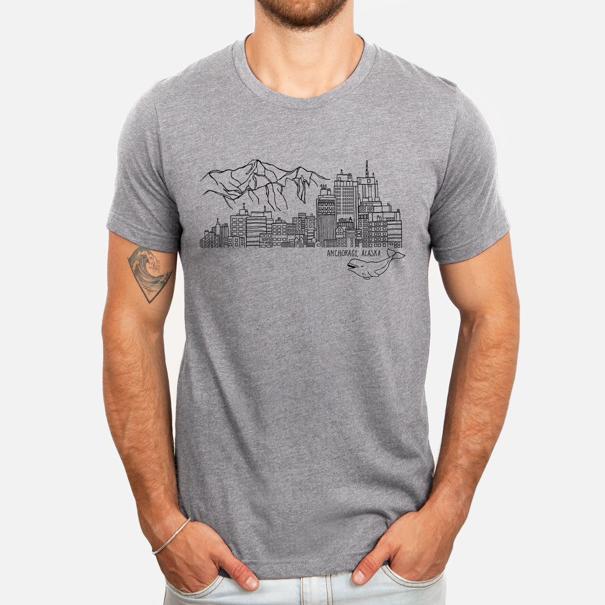 anchorage skyline with beluga whale on grey tee
