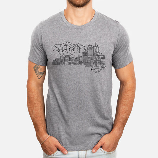 anchorage skyline with beluga whale on grey tee